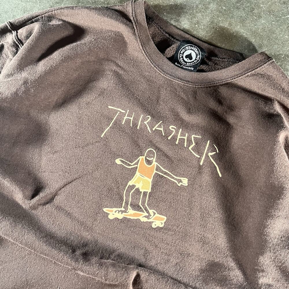 Vintage 2000S Thrasher Skateboarding Stick Man Drawing Pullover Sweater, Brown